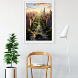 Paint by Numbers - NY Cityscape framed artwork displayed in a modern room with chair, plant, and floor lamp.
