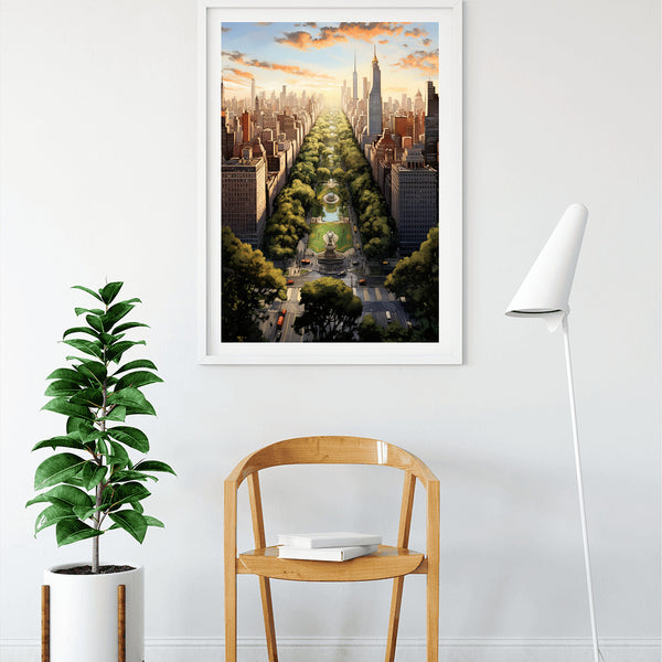 Paint by Numbers - NY Cityscape framed artwork displayed in a modern room with chair, plant, and floor lamp.