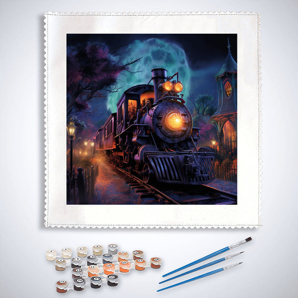 Paint by Numbers Ghost Train kit with brushes and paints featuring a spooky train scene at night.