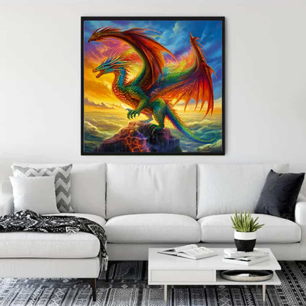 Diamond Painting - Wings of the Storm displayed in a living room above a white couch, vibrant dragon design with paint by numbers kit.