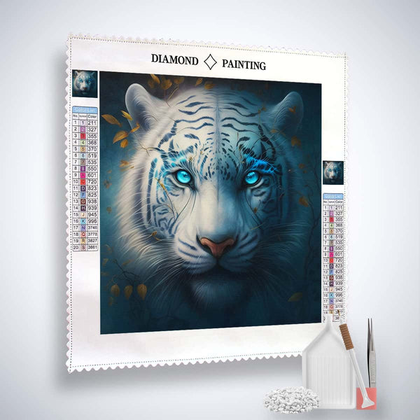 Diamond Painting Kit - White Tiger Frontal with Paint by Numbers tools including acrylic diamonds, tweezers, application pen, and canvas.