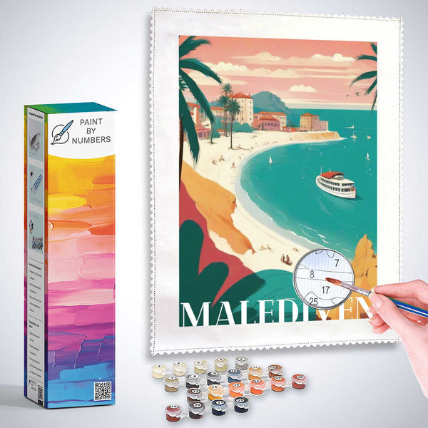 Paint by Numbers kit for Mediterranean Dreams with idyllic town, bay, palm trees, and pastel colors, hand painting canvas and paints.
