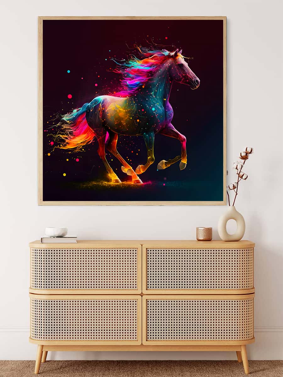 Colorful horse diamond painting on canvas displayed in a modern living room. Sparkling paint by numbers art piece with vibrant colors.