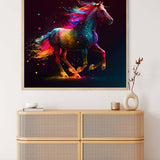 Colorful horse diamond painting on canvas displayed in a modern living room. Sparkling paint by numbers art piece with vibrant colors.