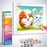 Paint by Numbers - Happy Companions with laughing guinea pig and bunny in blooming meadow. Cartoon style, vibrant colors, playfully detailed.