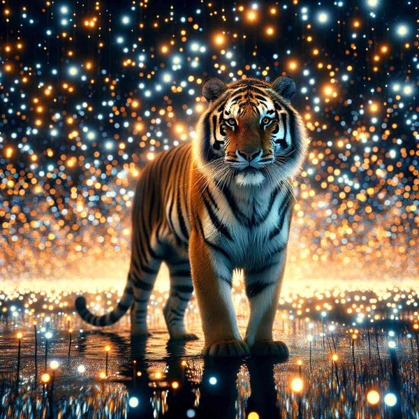 Majestic tiger under a starry night sky reflecting in water, part of Paint by Numbers - Star Guardians: The Sparkle of the Cosmos series.
