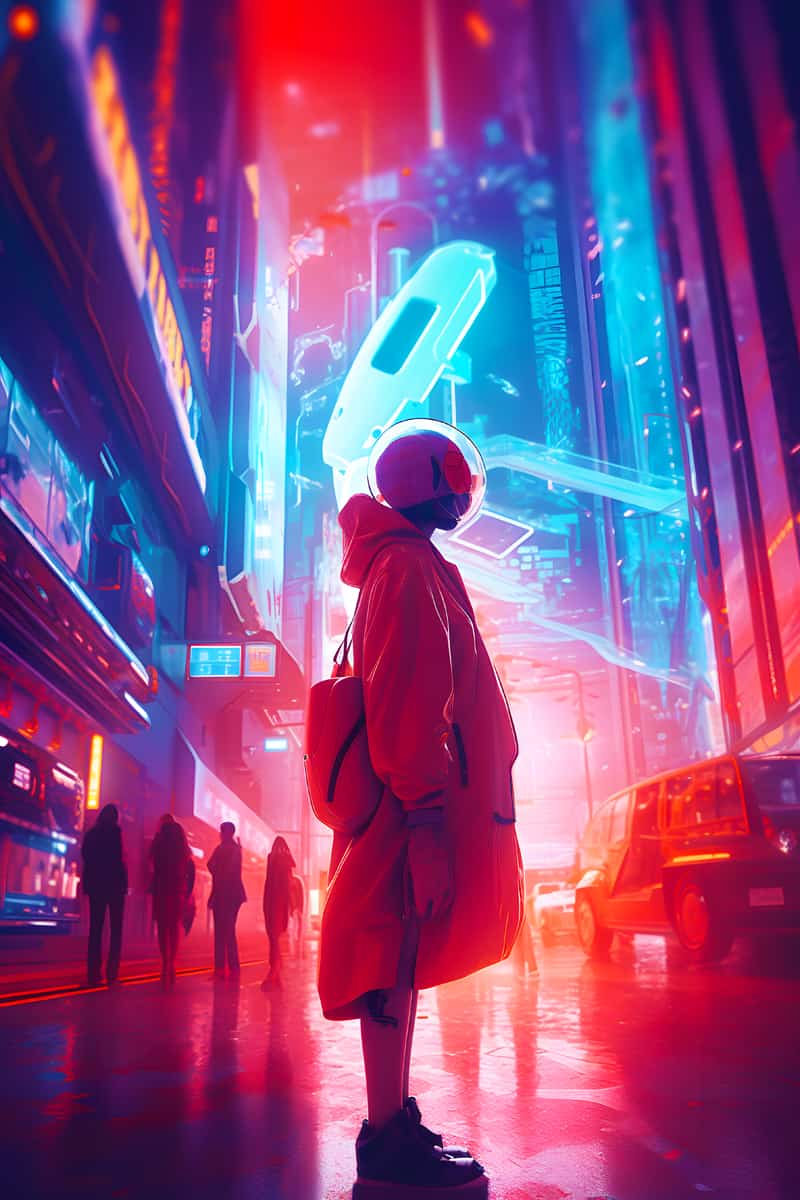 Futuristic cityscape with neon lights and a person in a helmet standing on a rainy street.