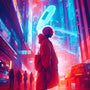 Futuristic cityscape with neon lights and a person in a helmet standing on a rainy street.