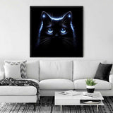 Paint by Numbers - Sternennachtgeflüster displayed in a modern living room, featuring a mystical cat with sapphire blue eyes in digital art style.