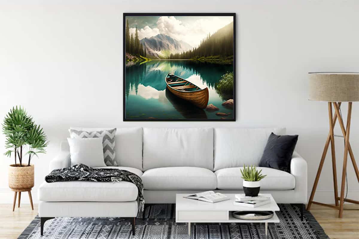 Diamond Painting - Three Boats in Mountain Lake displayed in a modern living room, Paint by Numbers kit with enhanced acrylic diamonds.