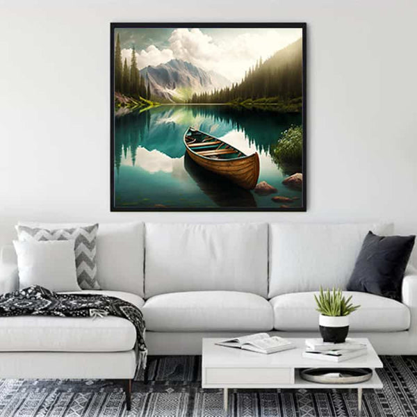 Diamond Painting - Three Boats in Mountain Lake displayed in a modern living room, Paint by Numbers kit with enhanced acrylic diamonds.
