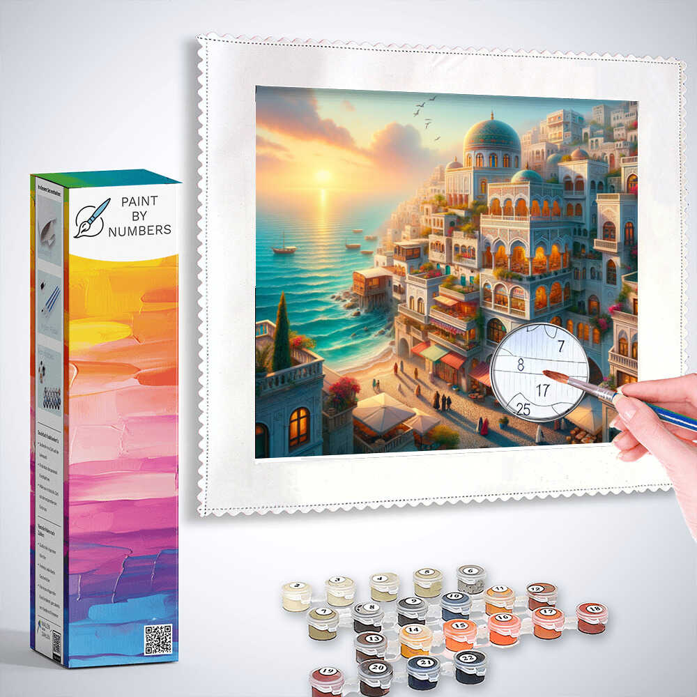 Paint by Numbers kit showing a Mediterranean sunrise with terracotta roofs, white walls, and turquoise sea in Modern Realism style.