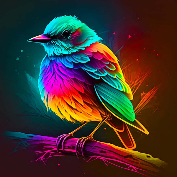Colorful magic bird diamond painting kit, paint by numbers art featuring a vibrant bird on a branch with neon feathers.