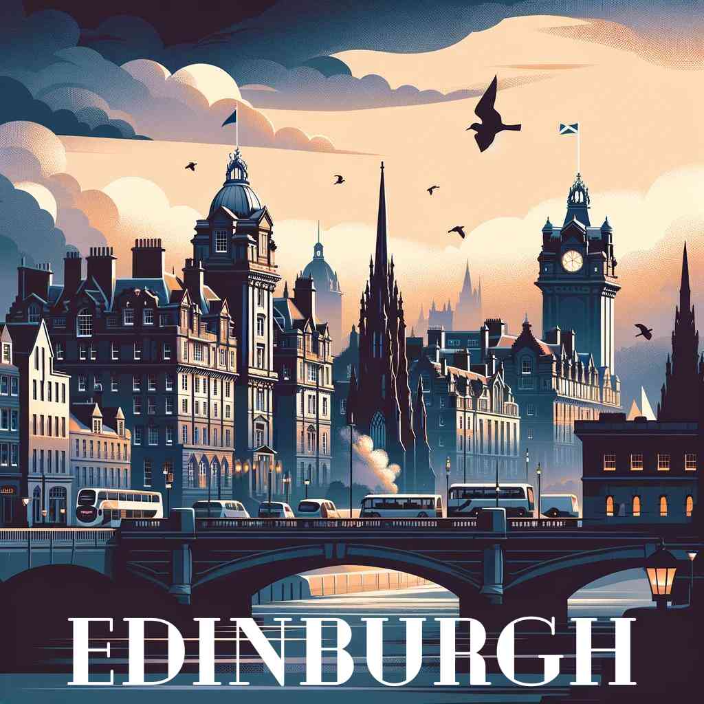 "Paint by Numbers - Shadows over Edinburgh showcasing Gothic towers, silhouetted buildings, and vibrant hues in a mysterious city evening scene"