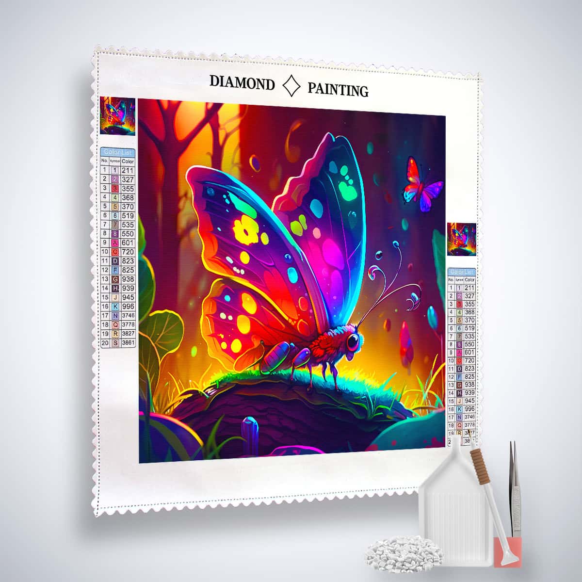 AB Diamond Painting Kit with Neon Butterfly in Magic Forest design, featuring Professional Canvas, Acrylic Diamonds, Fine Tweezers, and Application Pen