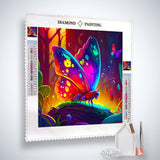 AB Diamond Painting Kit with Neon Butterfly in Magic Forest design, featuring Professional Canvas, Acrylic Diamonds, Fine Tweezers, and Application Pen