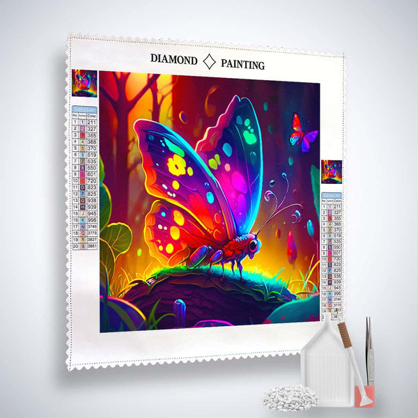 AB Diamond Painting Kit with Neon Butterfly in Magic Forest design, featuring Professional Canvas, Acrylic Diamonds, Fine Tweezers, and Application Pen