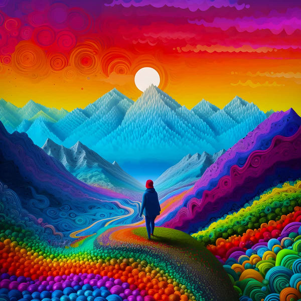 Person standing on a path amidst a colorful abstract landscape with mountains and a vibrant sky, AB diamond painting.