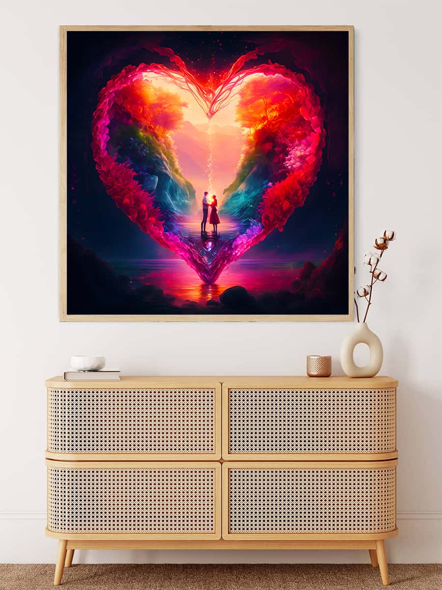Diamond Painting - Heart Couple Night displayed above a modern wooden dresser. Paint by Numbers kit with vibrant heart design.