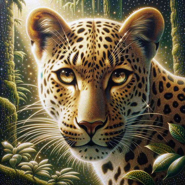Diamond painting of a leopard portrait featuring green jungle background and sparkling details. Paint by Numbers art.