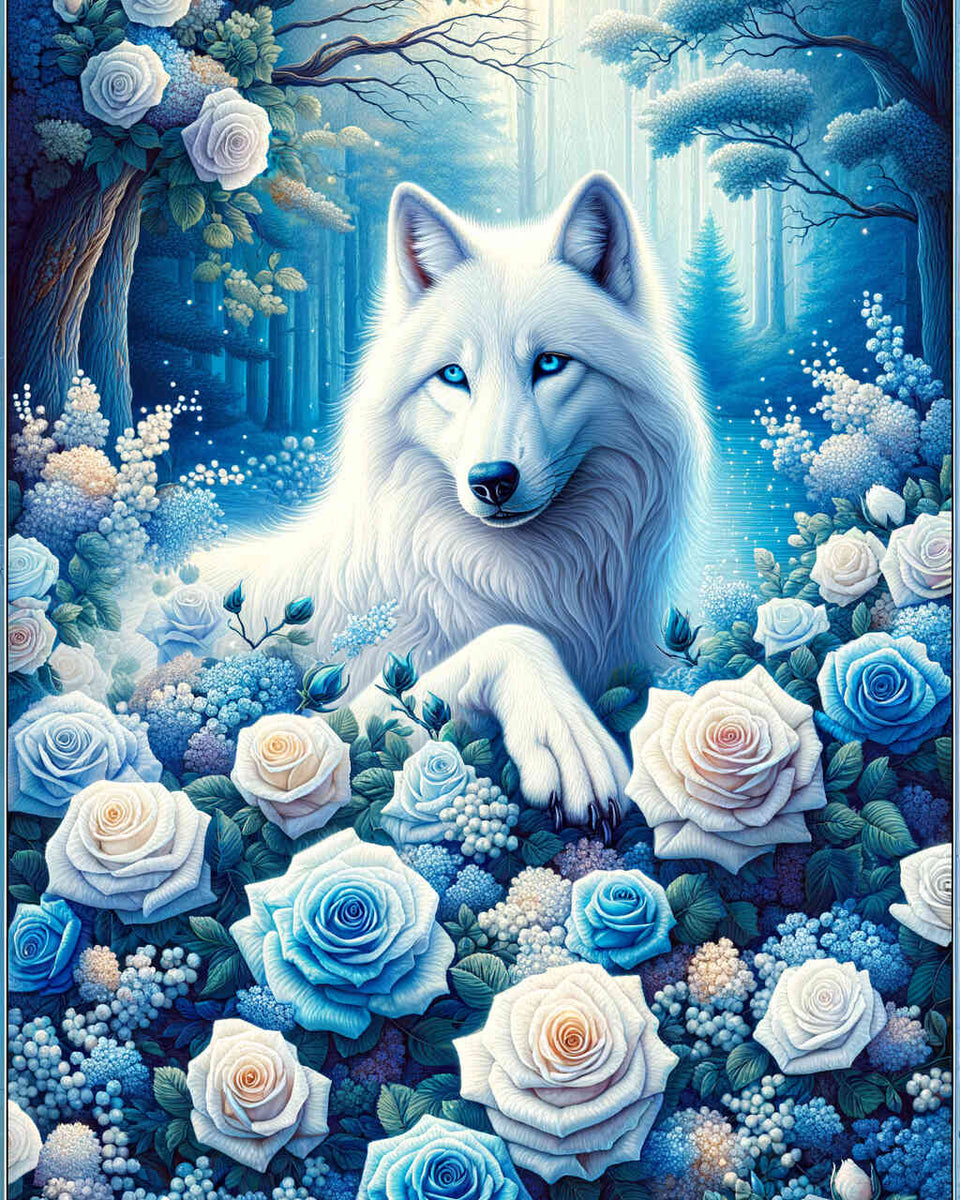Paint by Numbers - White wolf with roses