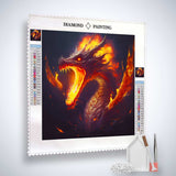 Diamond Painting - Dragon World kit with fiery dragon design, professional canvas, acrylic diamonds, tweezers, and application pen