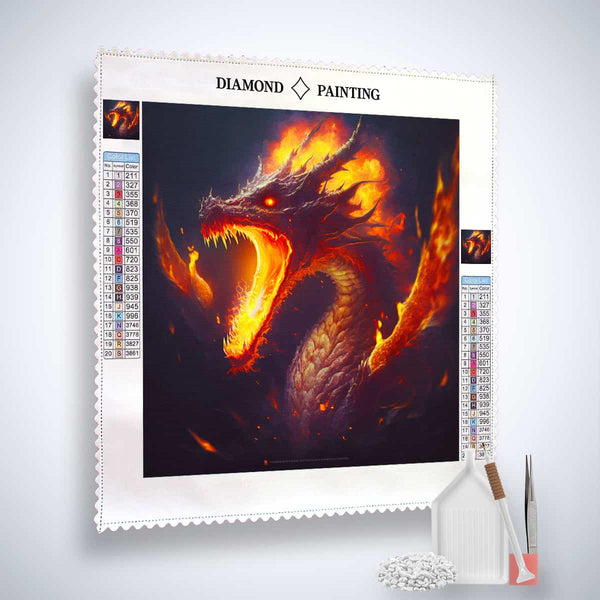 Diamond Painting - Dragon World kit with fiery dragon design, professional canvas, acrylic diamonds, tweezers, and application pen