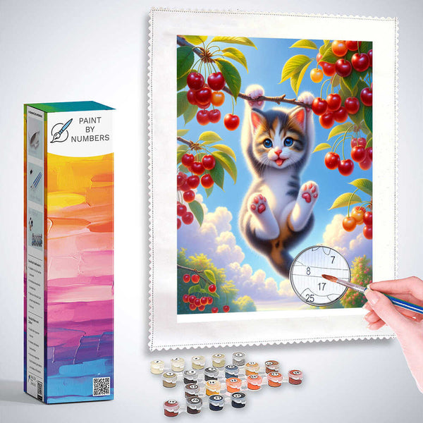 Cat on tree, cherries - Paint by Numbers
