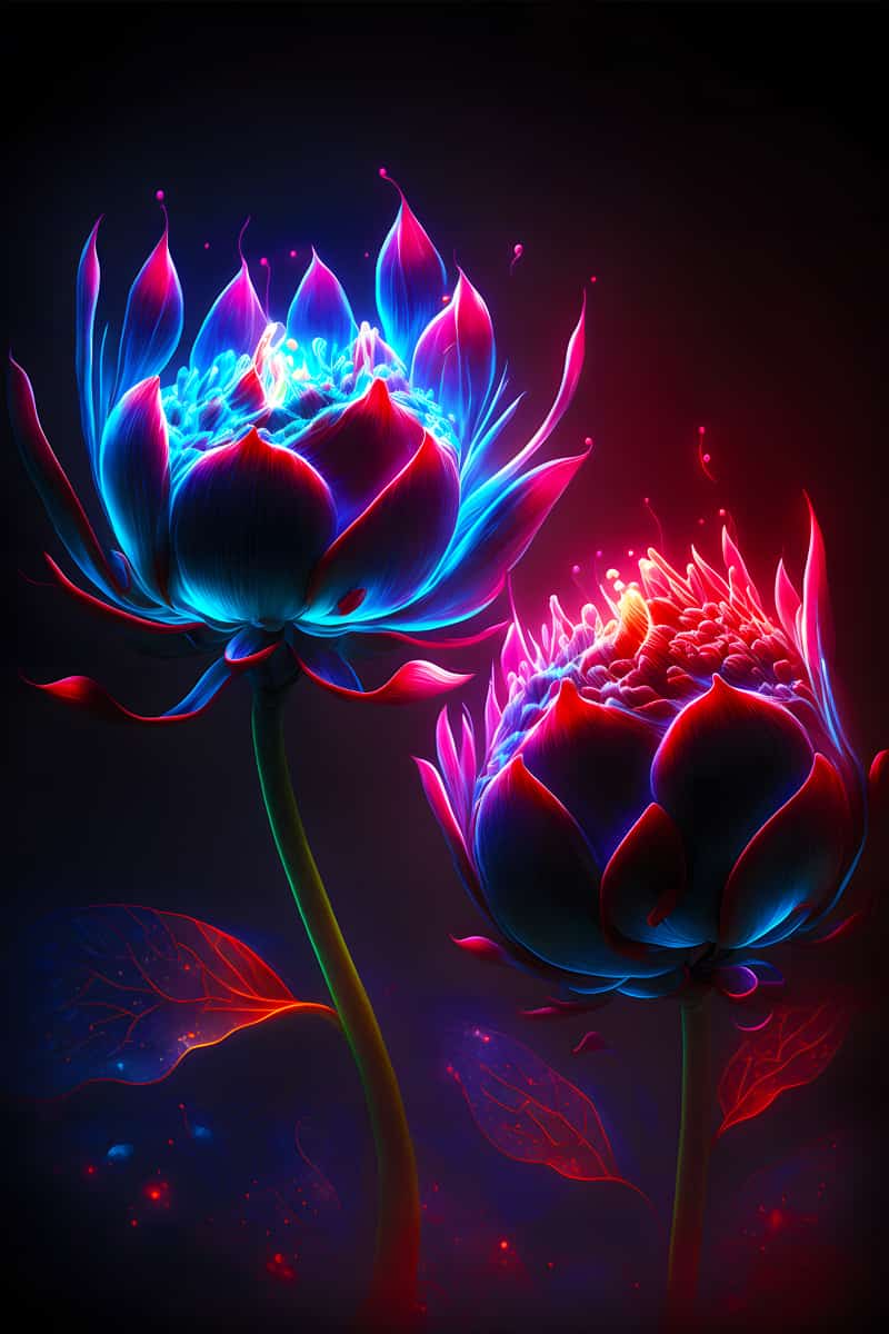 Diamond painting of two glowing flower heads at night with vibrant colors, included in Paint by Numbers kit.