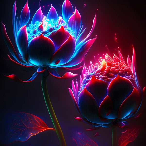 Diamond painting of two glowing flower heads at night with vibrant colors, included in Paint by Numbers kit.