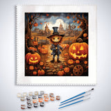 Paint by Numbers Halloween scene with a pumpkin-headed scarecrow, glowing lanterns, and brushes with paint pots.