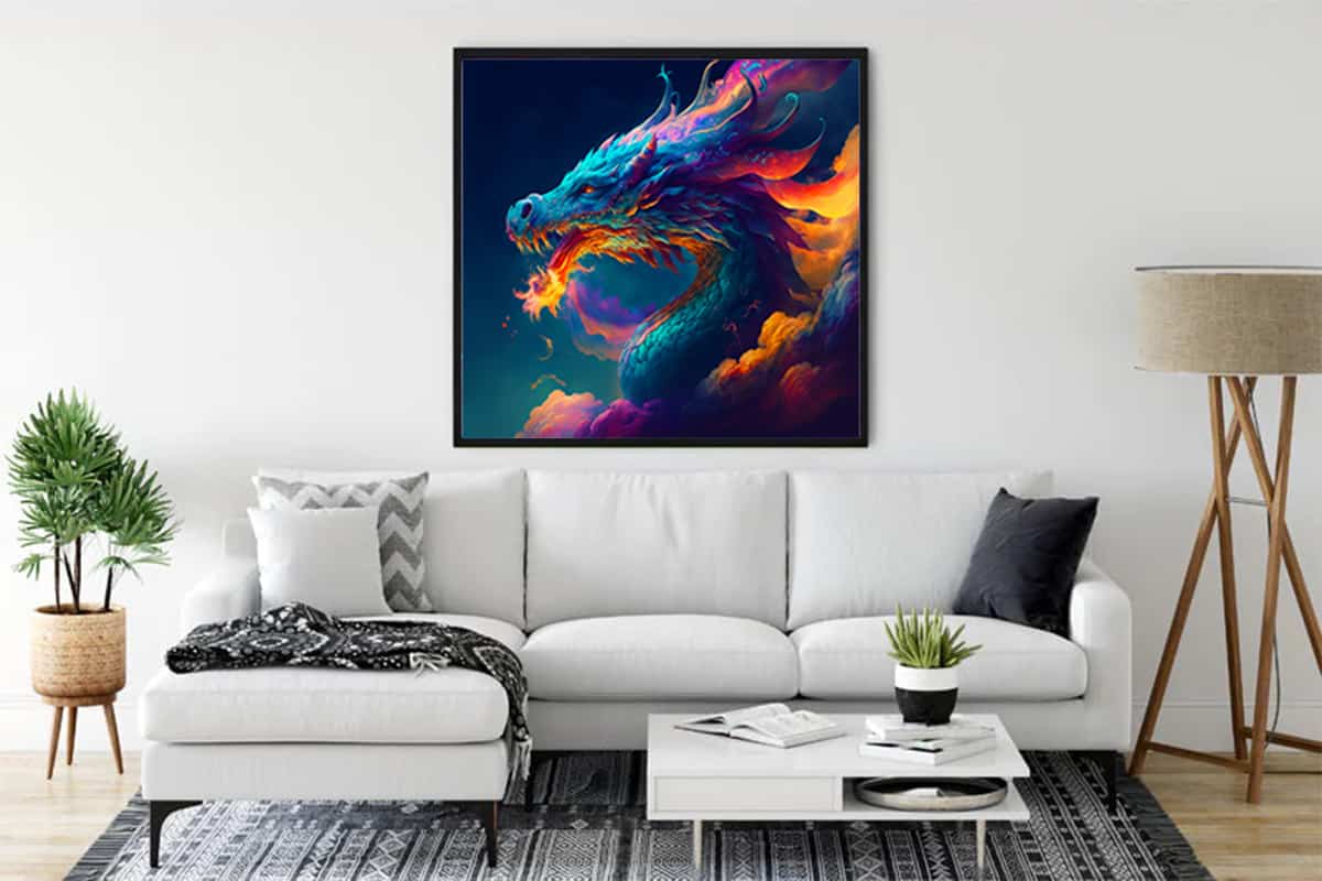 Diamond Painting Kit featuring a vibrant dragon design in moonlight, displayed on a living room wall - Paint by Numbers art that sparkles.
