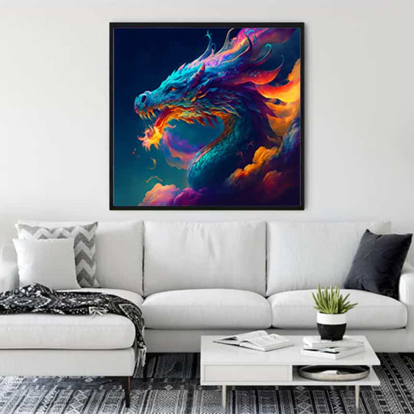 Diamond Painting Kit featuring a vibrant dragon design in moonlight, displayed on a living room wall - Paint by Numbers art that sparkles.