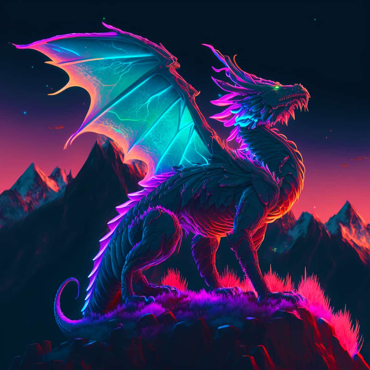 Majestic dragon with glowing wings standing on a mountain peak with a vibrant, colorful background at sunset.