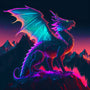 Majestic dragon with glowing wings standing on a mountain peak with a vibrant, colorful background at sunset.