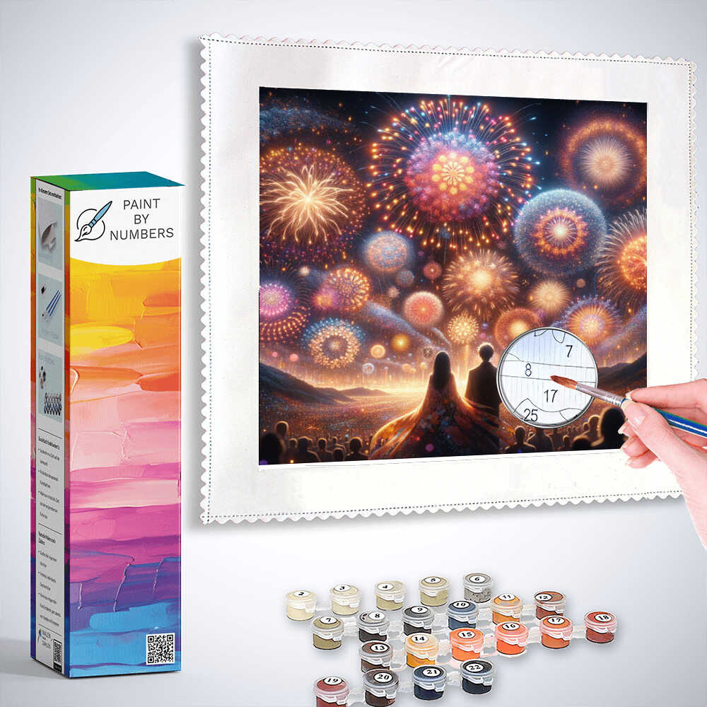 Paint by Numbers kit with fireworks scene, people in foreground enjoying vibrant display, with paints and brush included.