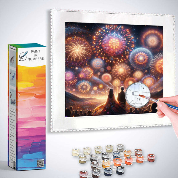 Paint by Numbers kit with fireworks scene, people in foreground enjoying vibrant display, with paints and brush included.