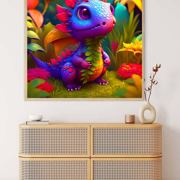 Colorful diamond painting of a baby dragon in an enchanted forest, displayed above a modern cabinet. Perfect for paint by numbers enthusiasts.
