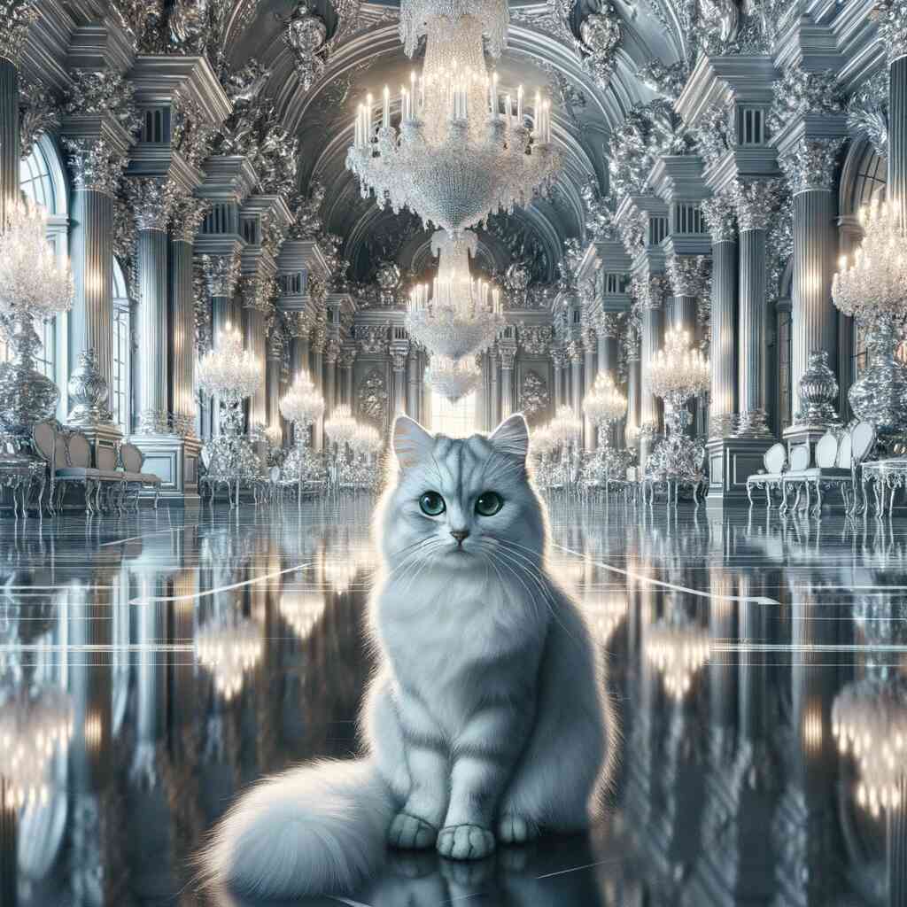 Paint by Numbers - Majestic Elegance featuring a majestic cat in a grand ballroom with chandeliers and reflective floors