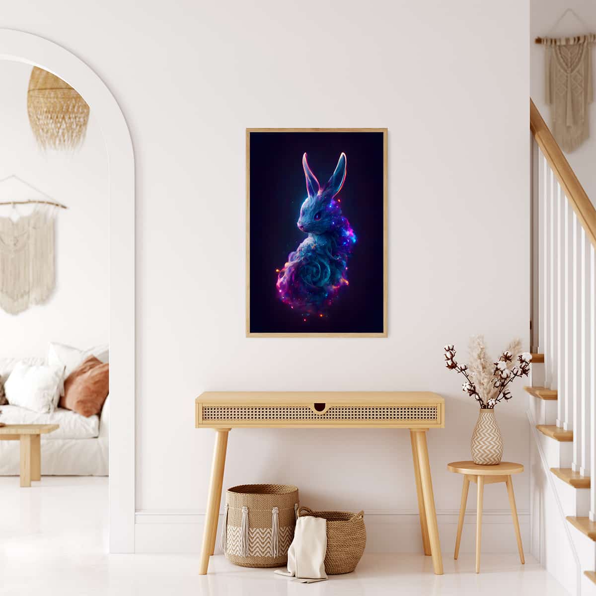 Diamond Painting of Mystic Bunny hanging in a modern living room, featuring vibrant colors and intricate details, perfect for Paint by Numbers enthusiasts.
