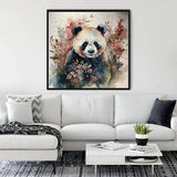 Diamond Painting - Fluffy Panda Bear framed on a living room wall behind a white sofa.