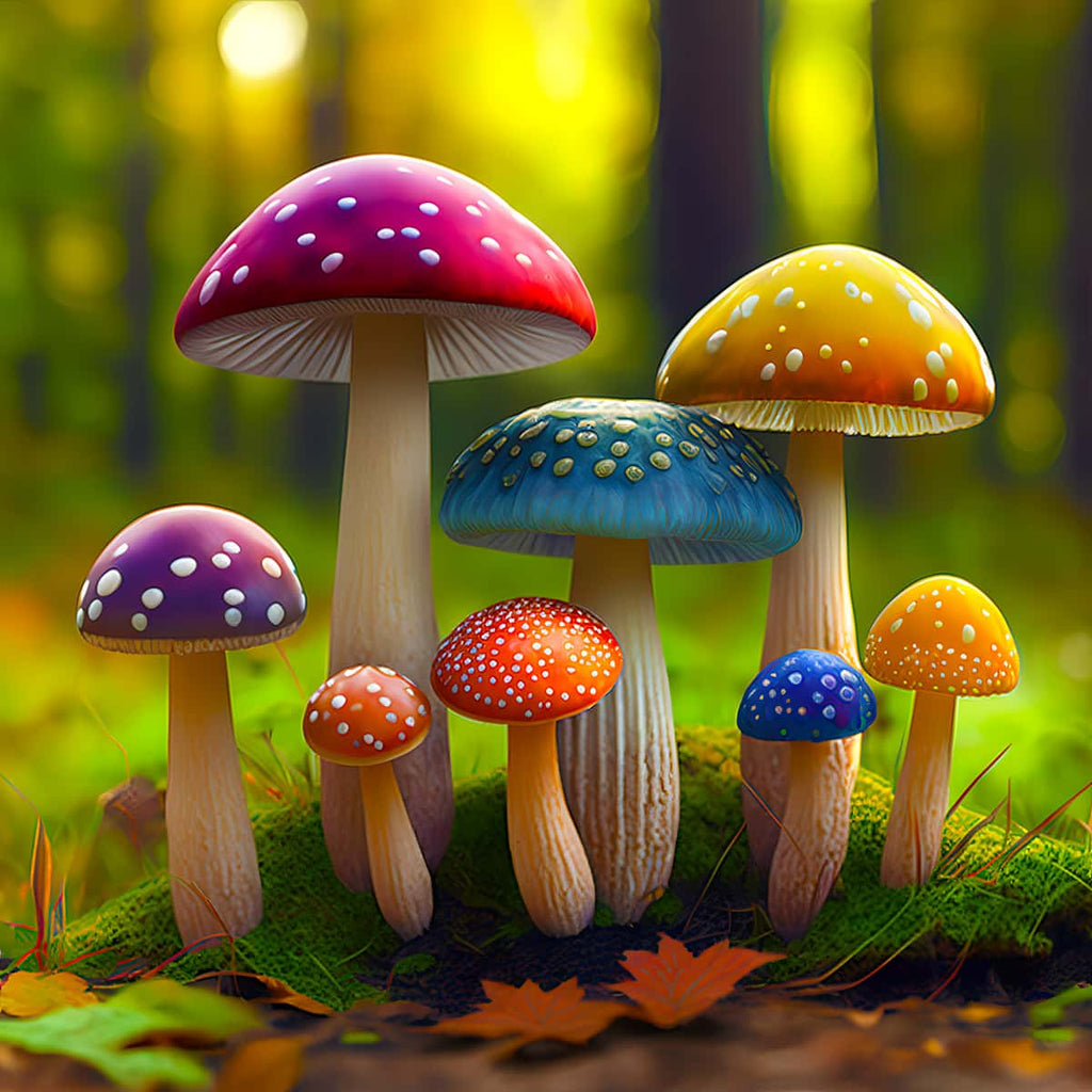 Colorful mushrooms in a forest setting for AB Diamond Painting - Regenbogenpilze im Wald, Paint by Numbers kit art that sparkles.