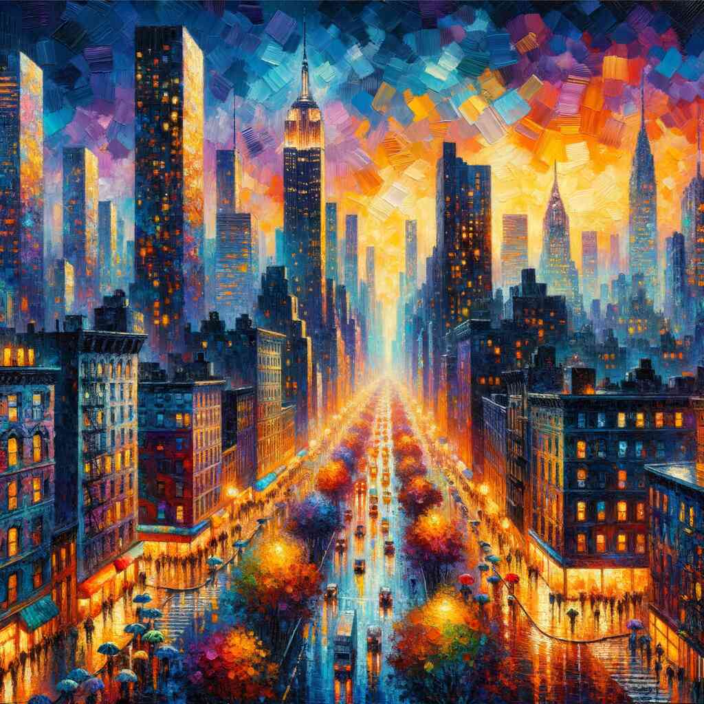 Vibrant cityscape with skyscrapers and busy streets, painted in orange, blue, and purple hues from Paint by Numbers - Urban Color Rush
