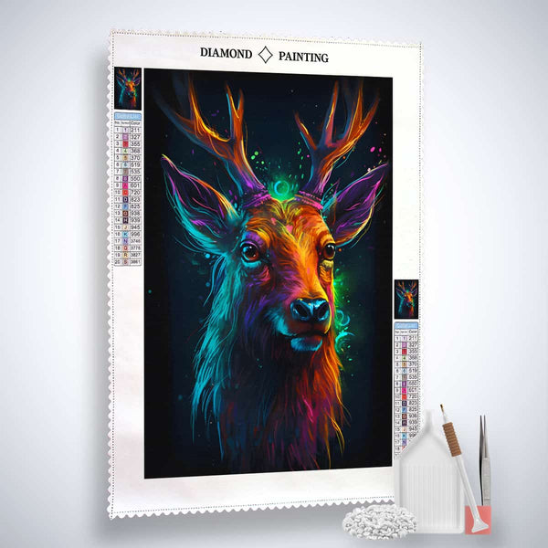 Diamond Painting Kit - Deer Portrait Dark, Paint by Numbers. Includes canvas, acrylic diamonds, tweezers, application pen.