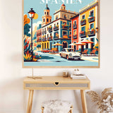 Paint by Numbers - Mediterranean city scene with colorful facades, flower balconies, charming street lamps, and sunny atmosphere.