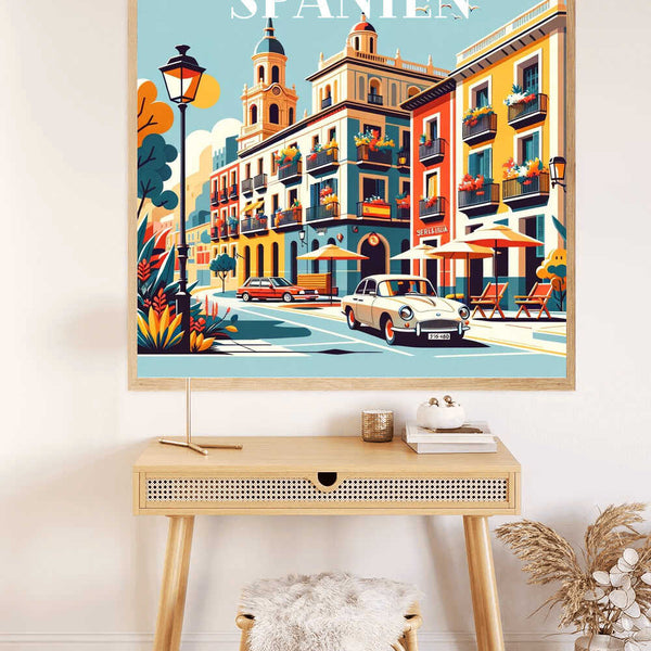 Paint by Numbers - Mediterranean city scene with colorful facades, flower balconies, charming street lamps, and sunny atmosphere.
