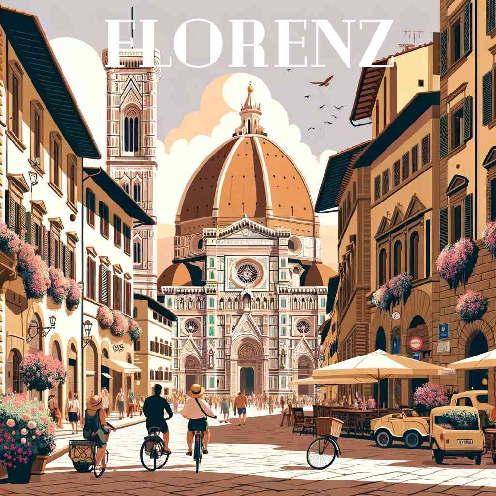 Paint by Numbers - Florentine Sunshine featuring Fiats and the Duomo in Florence with golden light and blooming bougainvillea