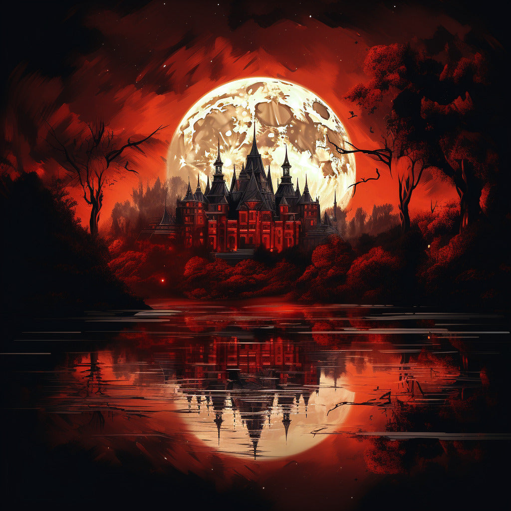 Paint by Numbers Castle in the Blood Moon with eerie scenery and dramatic reflections on water