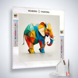 Diamond Painting Kit featuring colorful geometric elephant design on professional canvas with tools and enhanced acrylic diamonds.