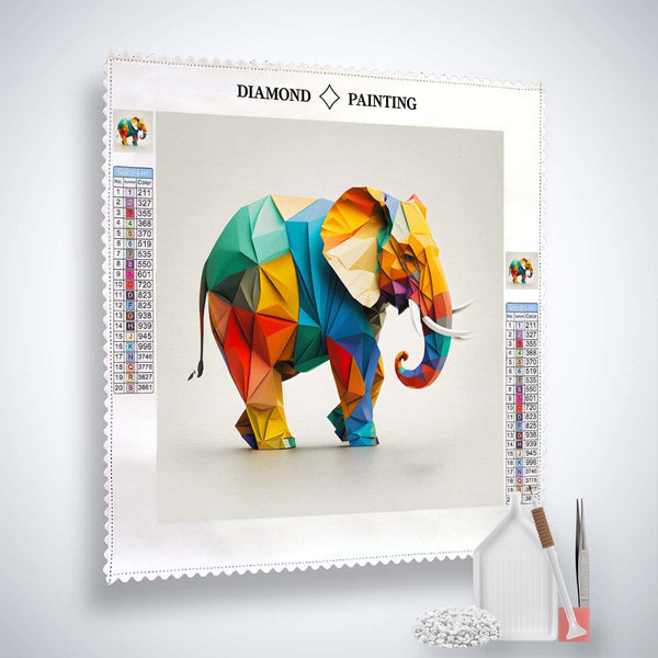 Diamond Painting Kit featuring colorful geometric elephant design on professional canvas with tools and enhanced acrylic diamonds.
